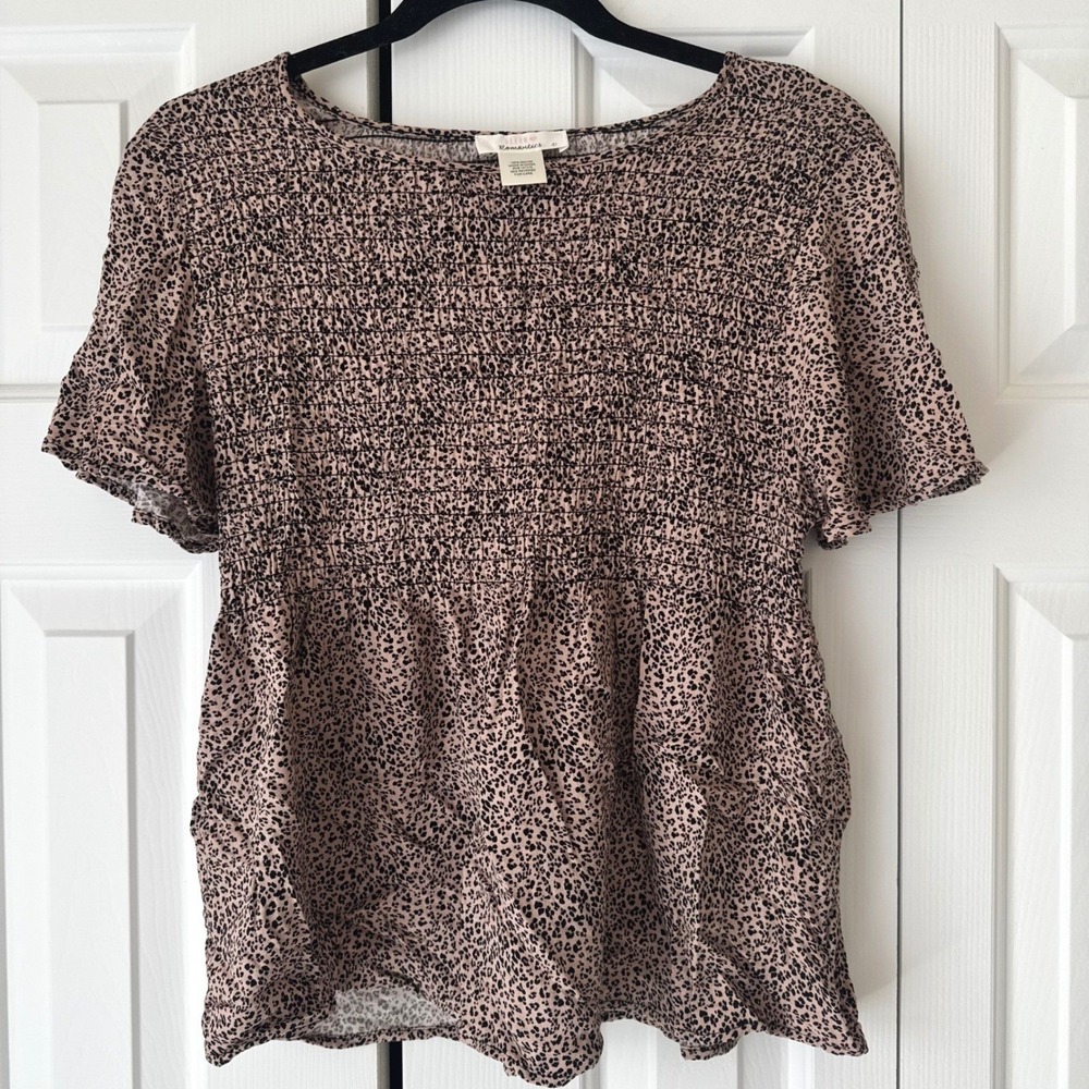 Urban Romantics Smocked Peplum Top Womens Large Leopard Print Short Sleeve Boho